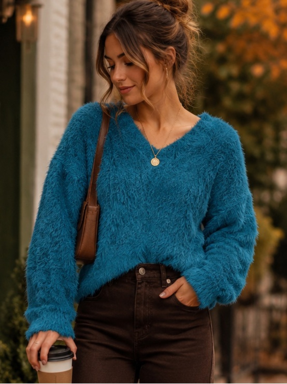 GUC Pretty Little Thing SZ L teal green fuzzy v-neck sweater/bust 58”-64”